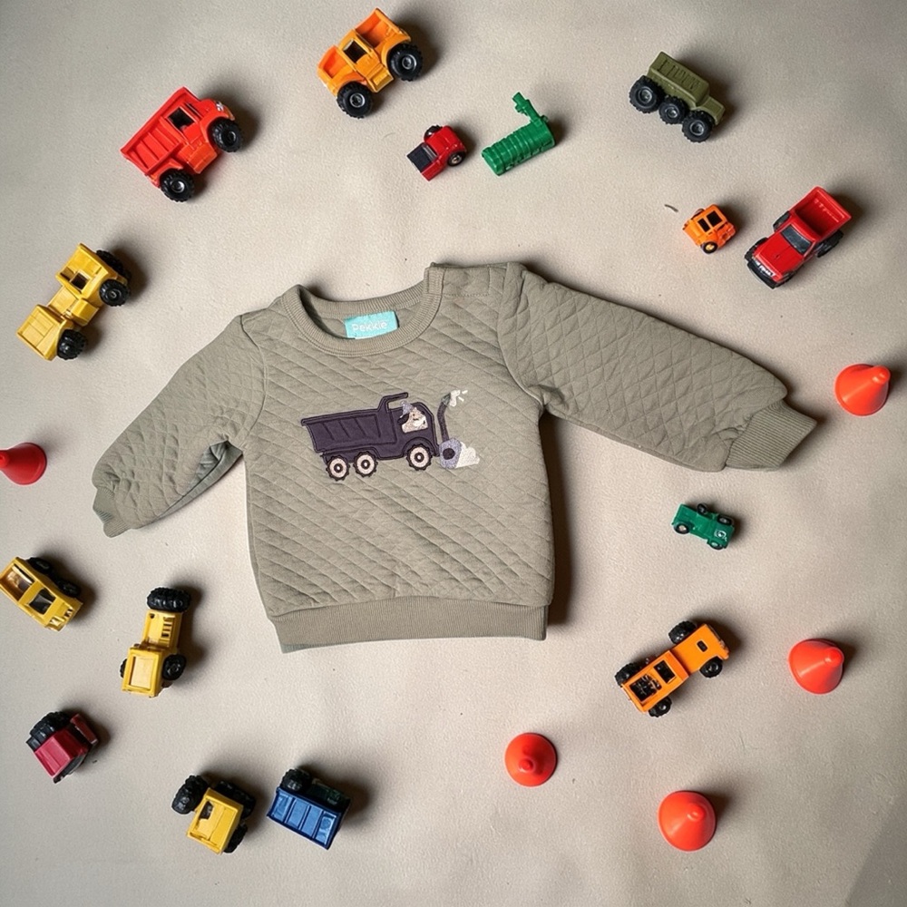 Pekkle brand Quilted Olive Green Kids Sweatshirt with Dump Truck.size 9 months